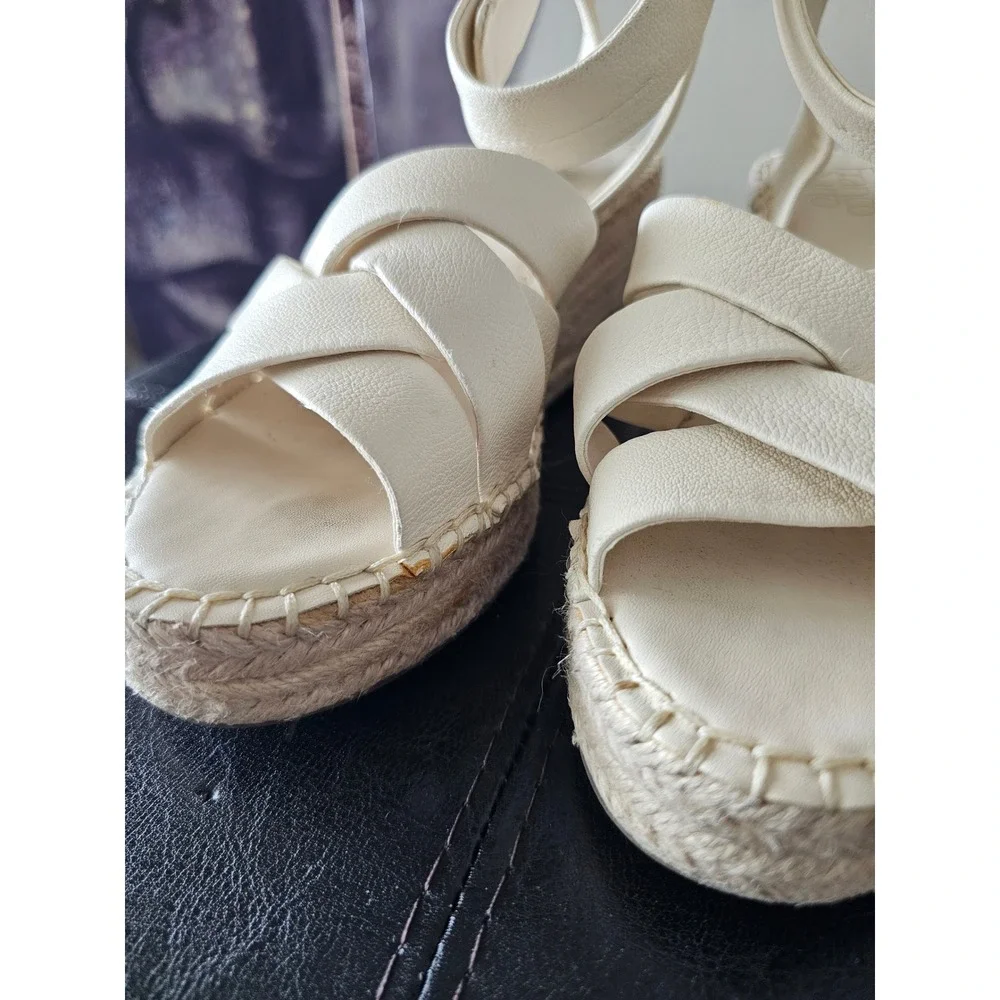 Franco Sarto Womens Cream Leather Espadrille Wedge Sandals Ankle Strap Platform